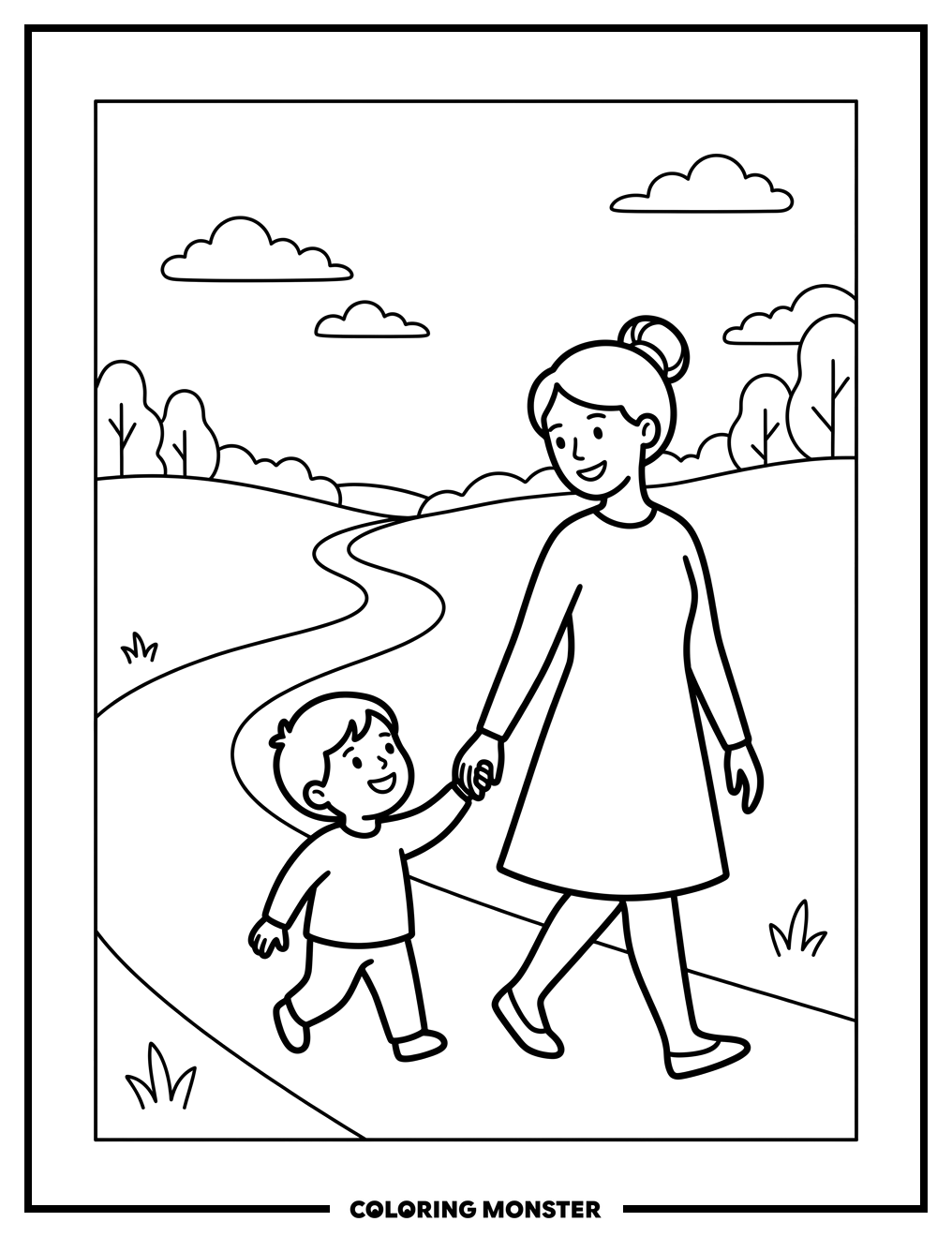 Mother and Child on a Path Coloring Page