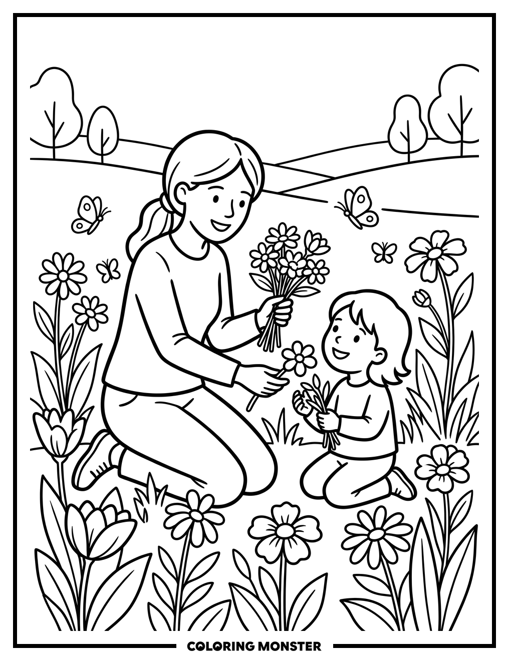 Mother and Child Picking Wildflowers Coloring Page