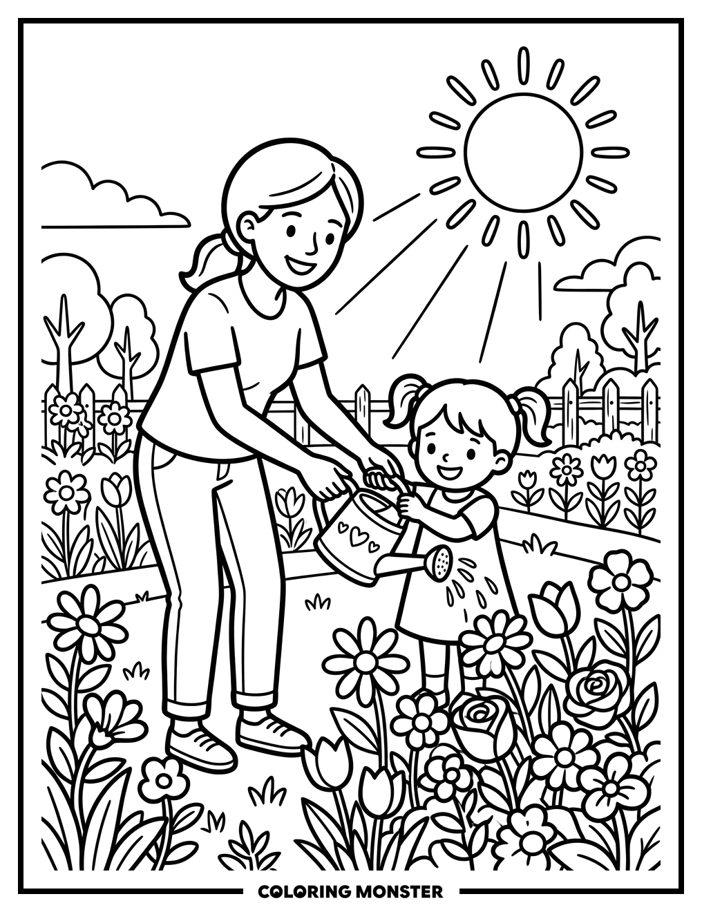 Mother and Child Watering Garden Coloring Page