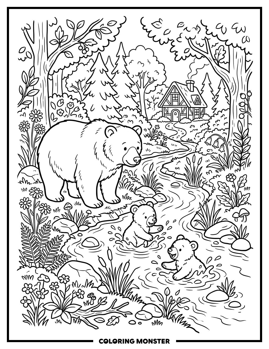Mother Bear and Cubs by Stream Coloring Page