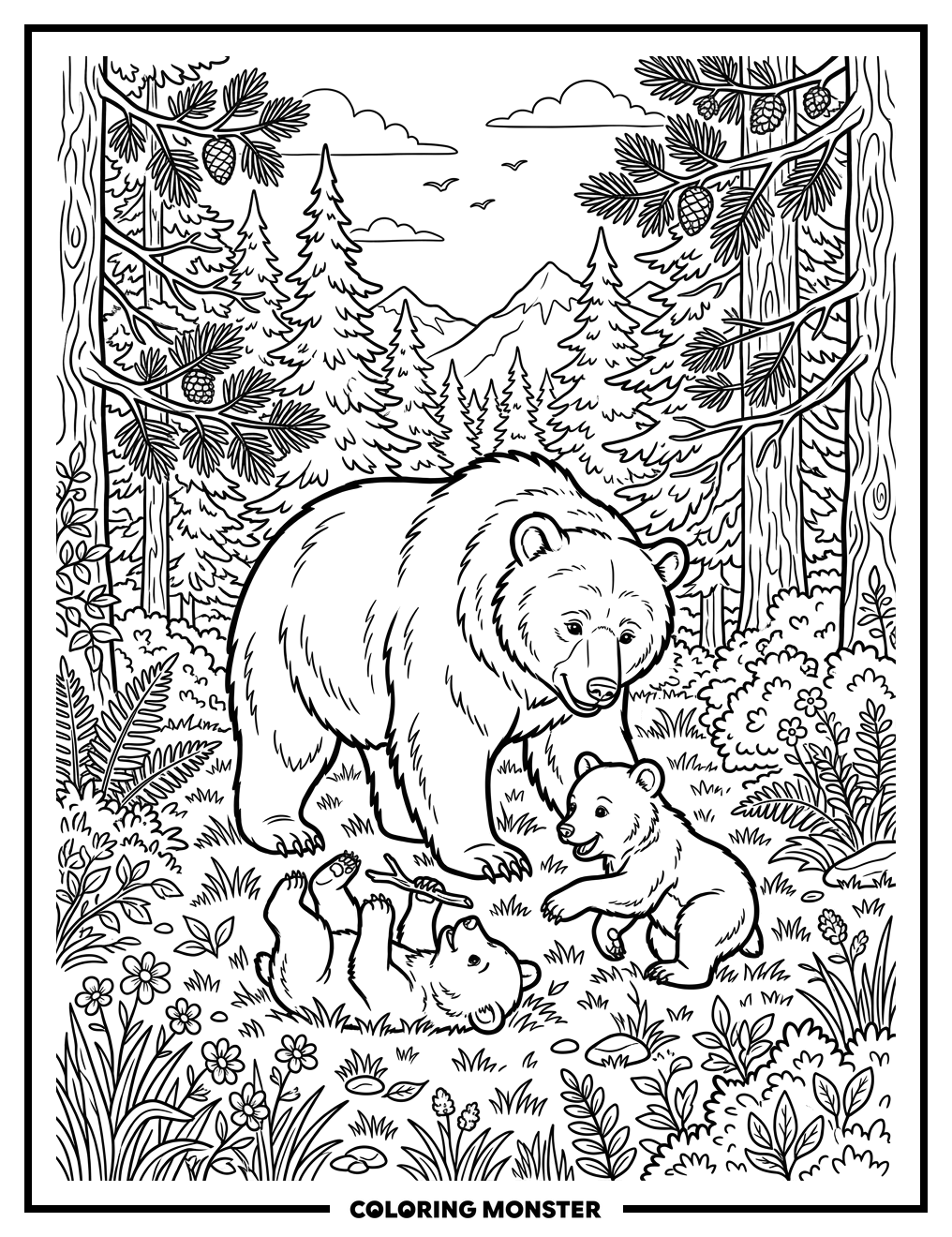 Mother Bear With Her Cubs Coloring Page