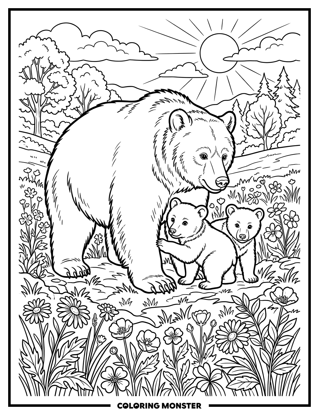 Mother Bear With Two Cubs In Meadow Coloring Page