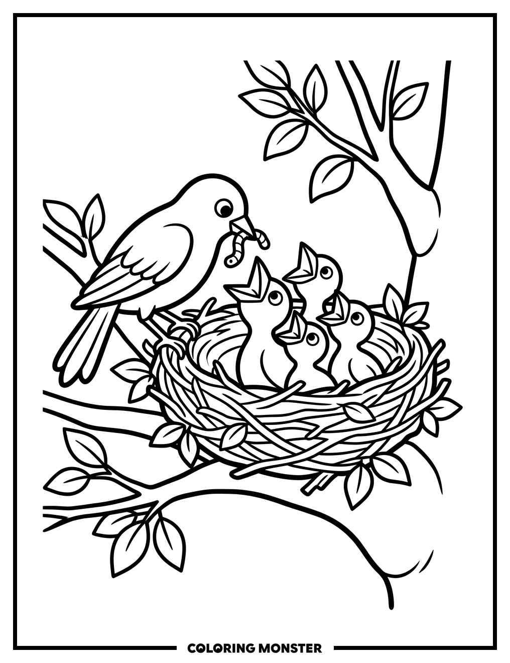Mother Bird Feeding Chicks in Nest Coloring Page
