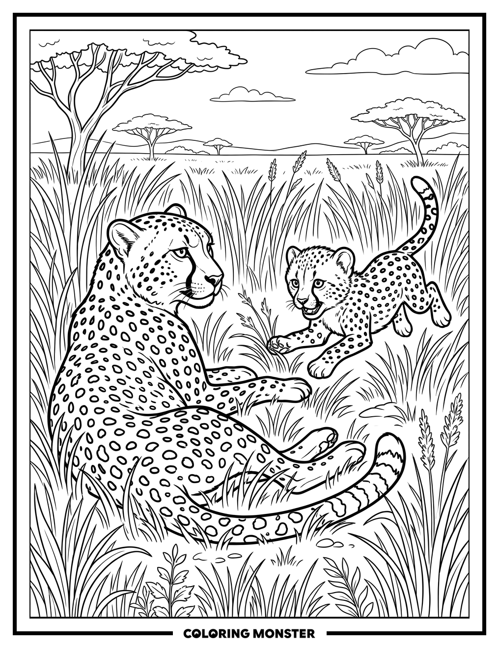 Mother Cheetah and Cub in Savanna Coloring Page
