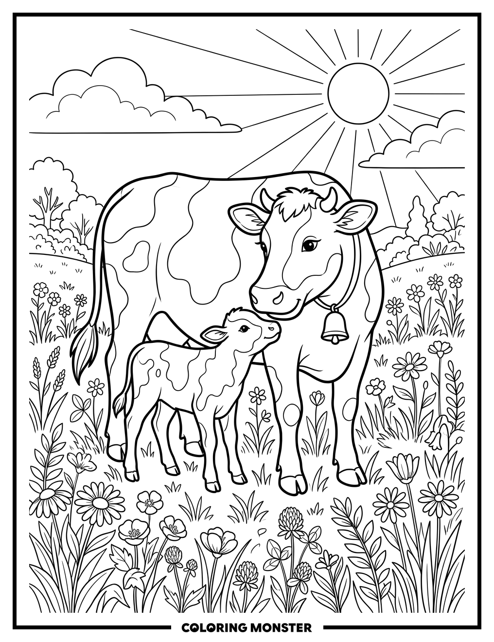 Mother Cow and Calf in Meadow Coloring Page