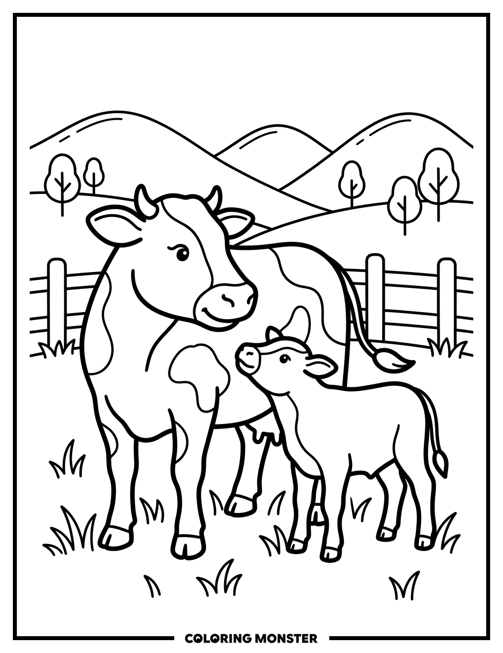 Mother Cow and Calf in Pasture Coloring Page
