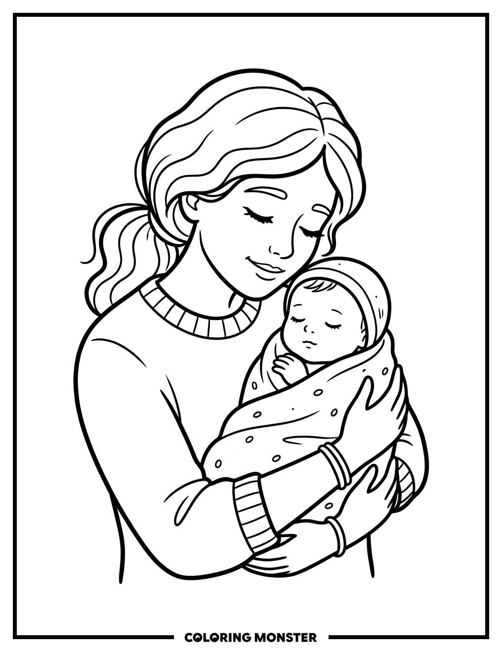 Mother Cradling Sleeping Baby Girl Coloring Page