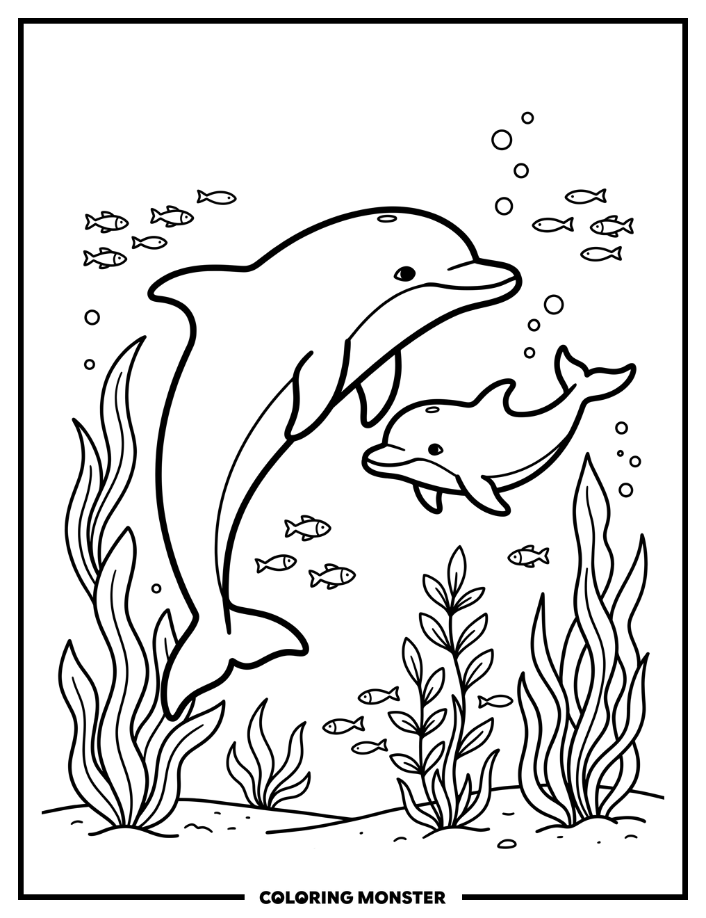 Mother Dolphin and Calf Swimming Coloring Page