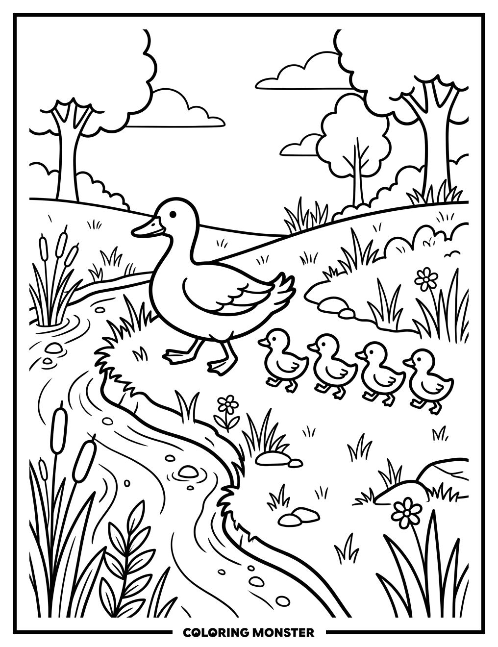 Mother Duck and Ducklings By Stream Coloring Page