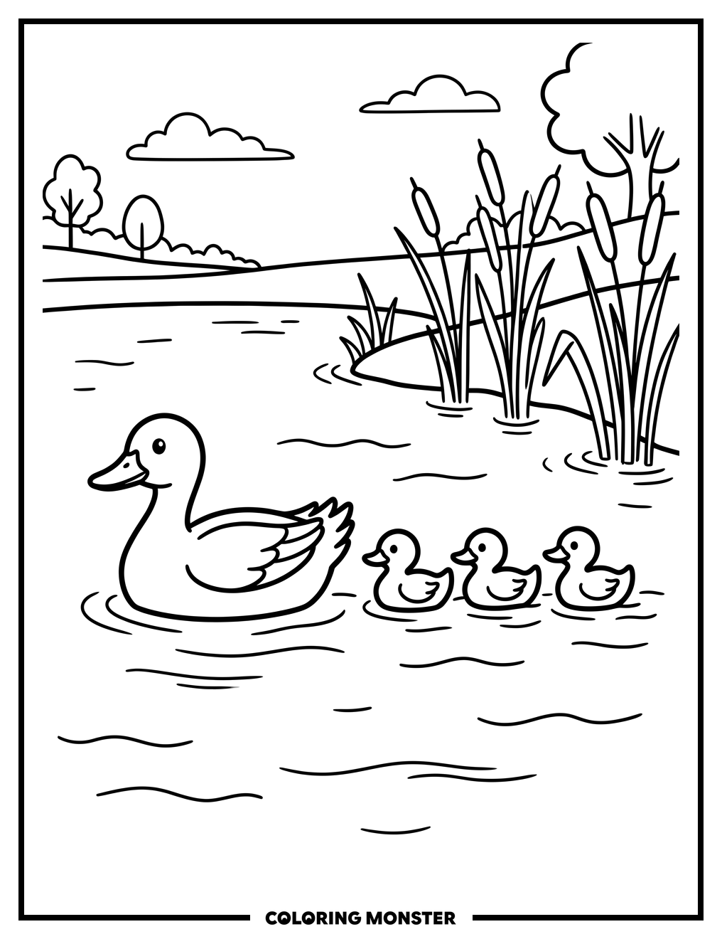 Mother Duck and Ducklings on Pond Coloring Page