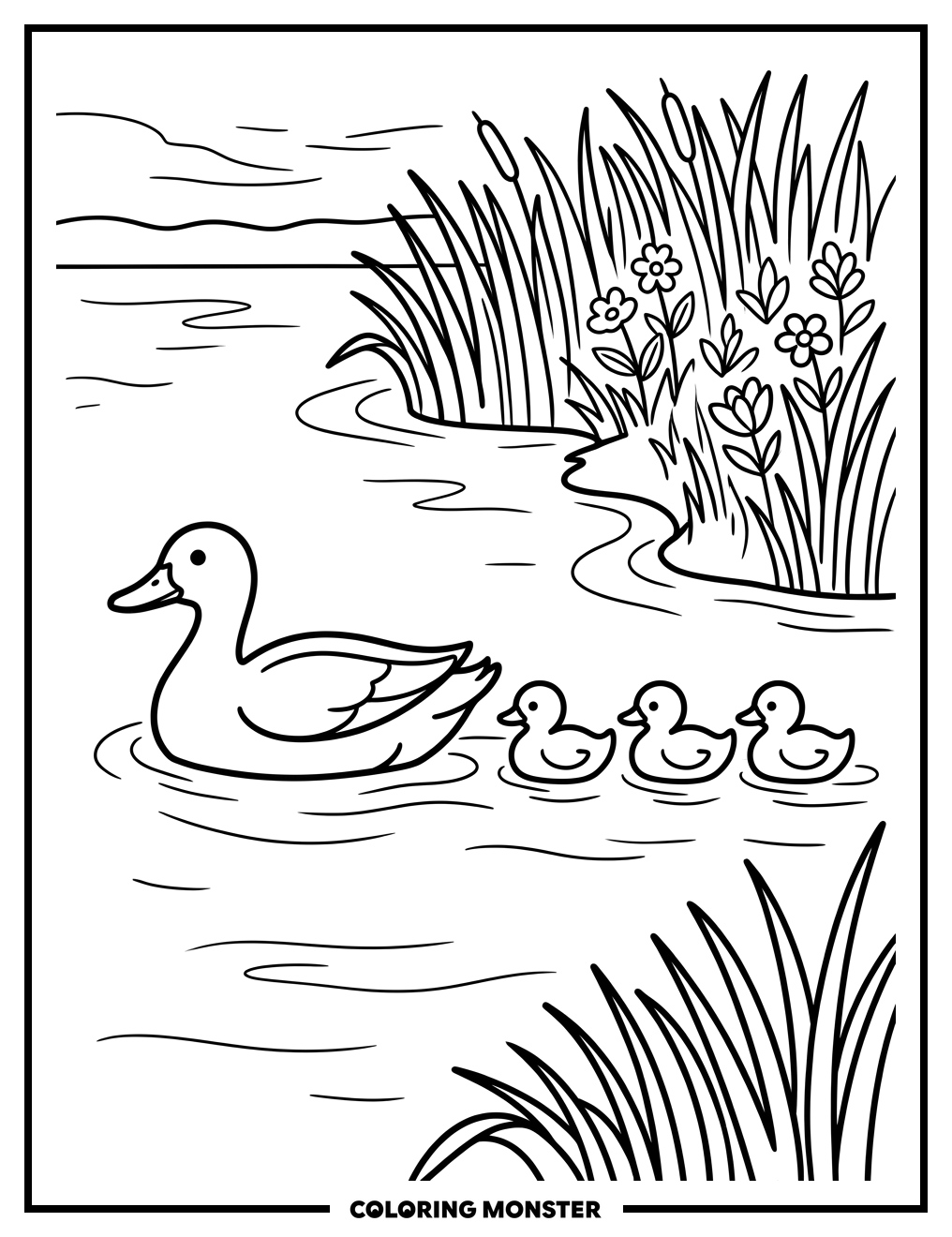 Mother Duck and Ducklings Swimming Coloring Page