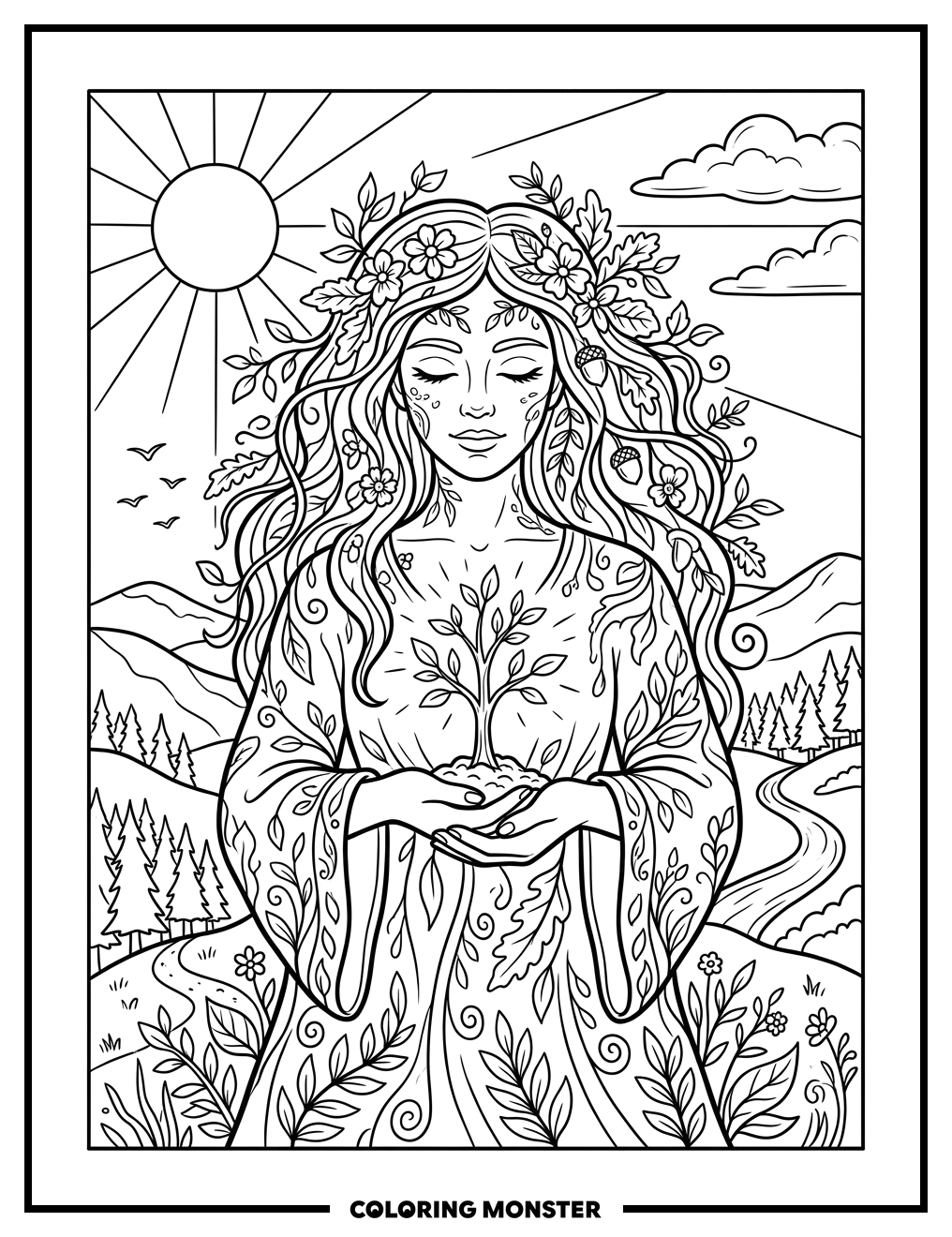 Mother Earth Nurtures a Glowing Sapling Coloring Page