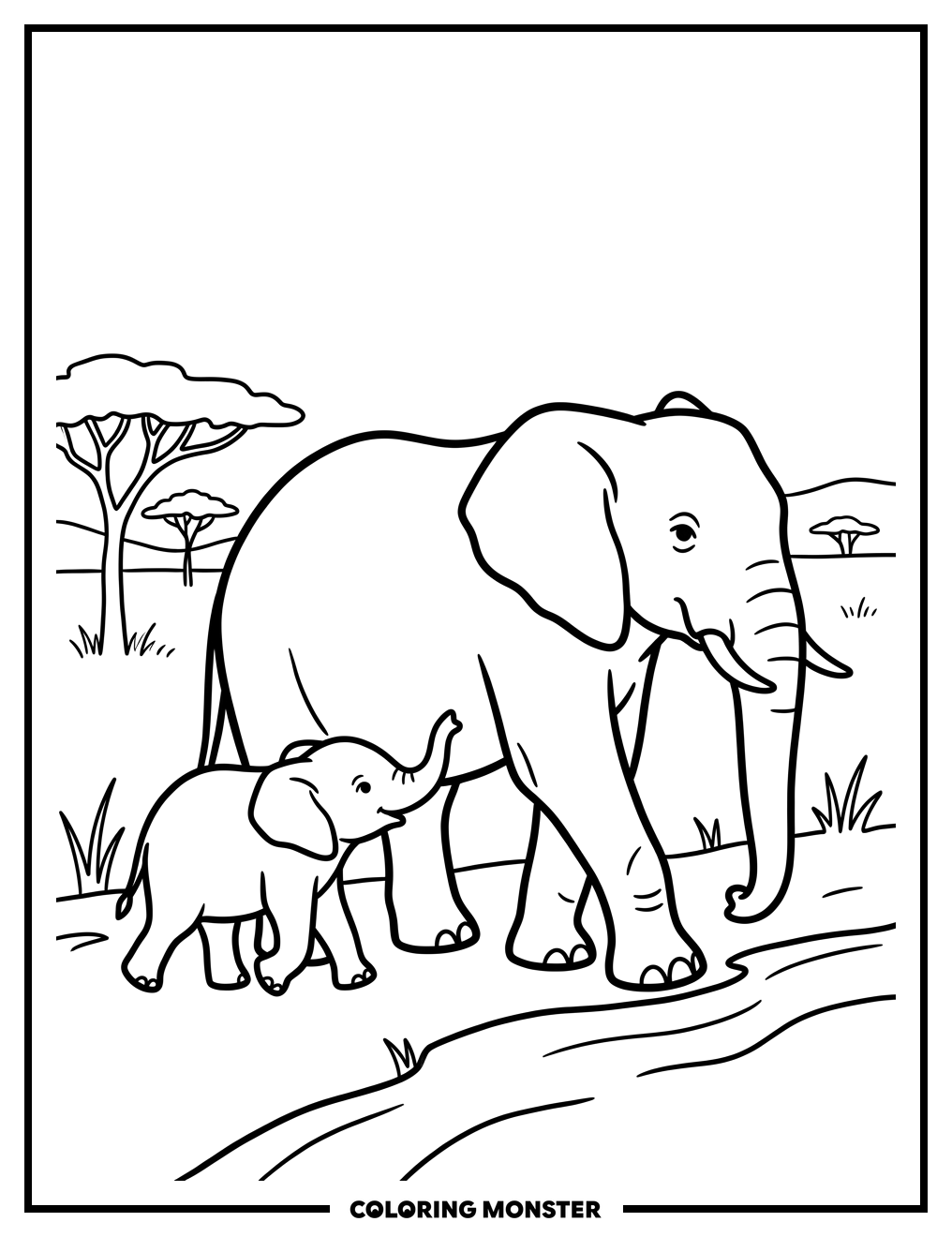 Mother Elephant and Baby on Savanna Coloring Page