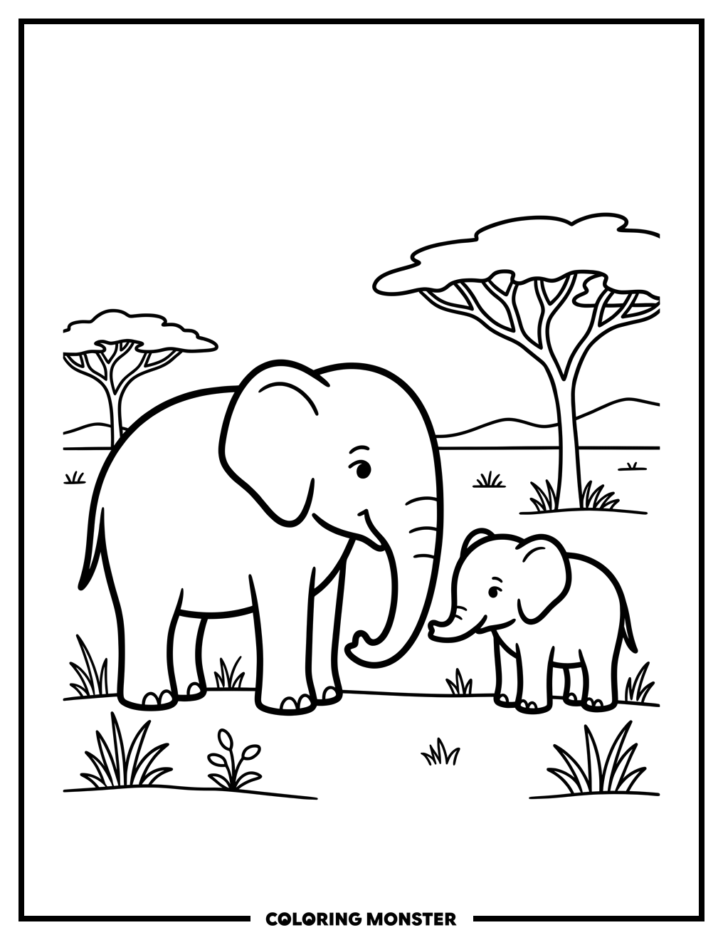 Mother Elephant and Calf on Savannah Coloring Page