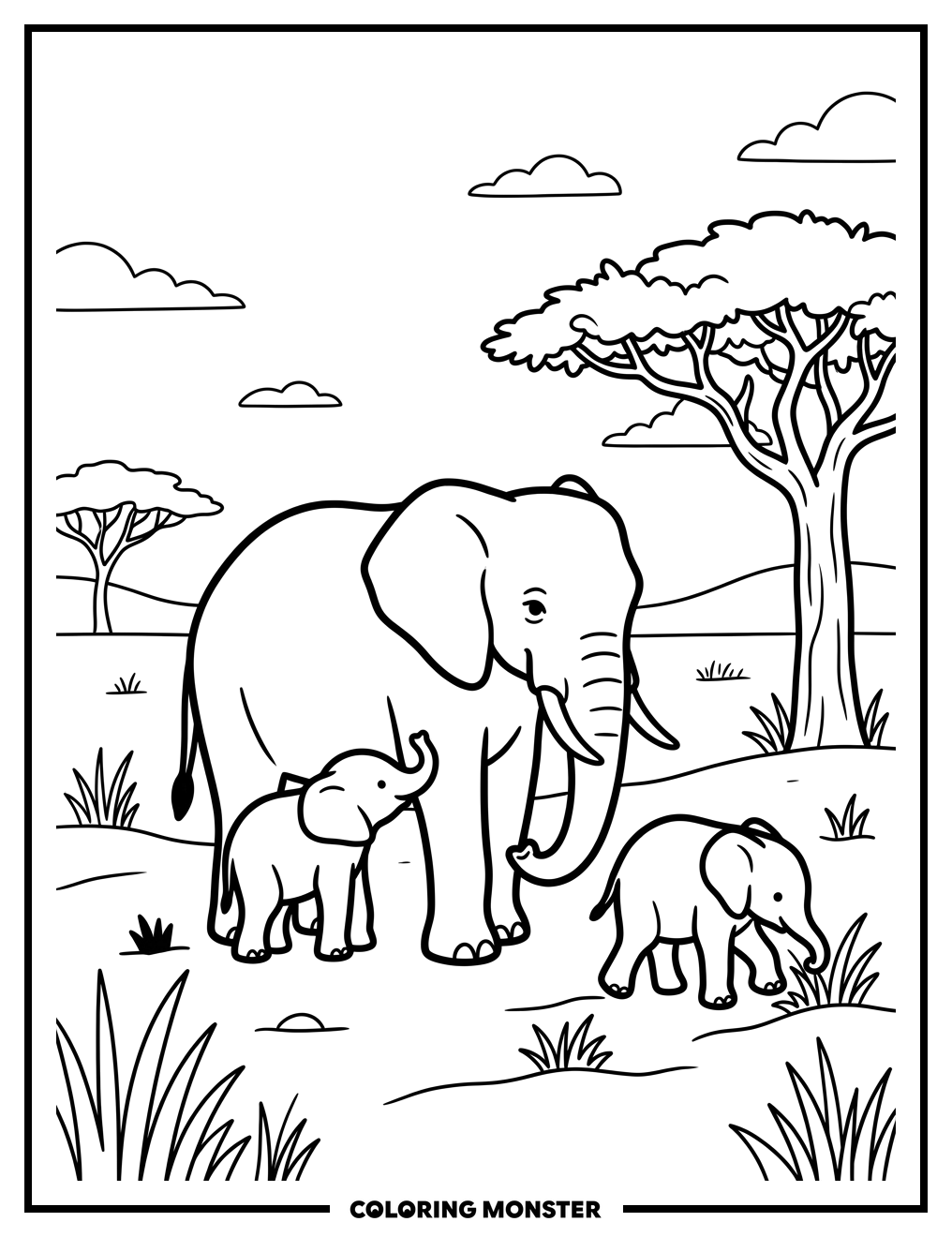 Mother Elephant With Calves On Savanna Coloring Page