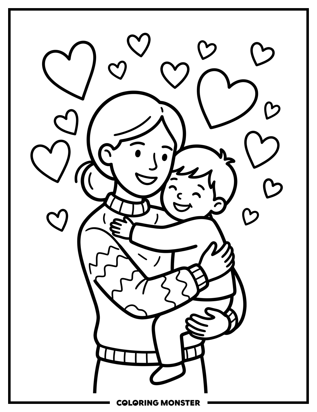 Mother Embracing Child With Hearts Coloring Page