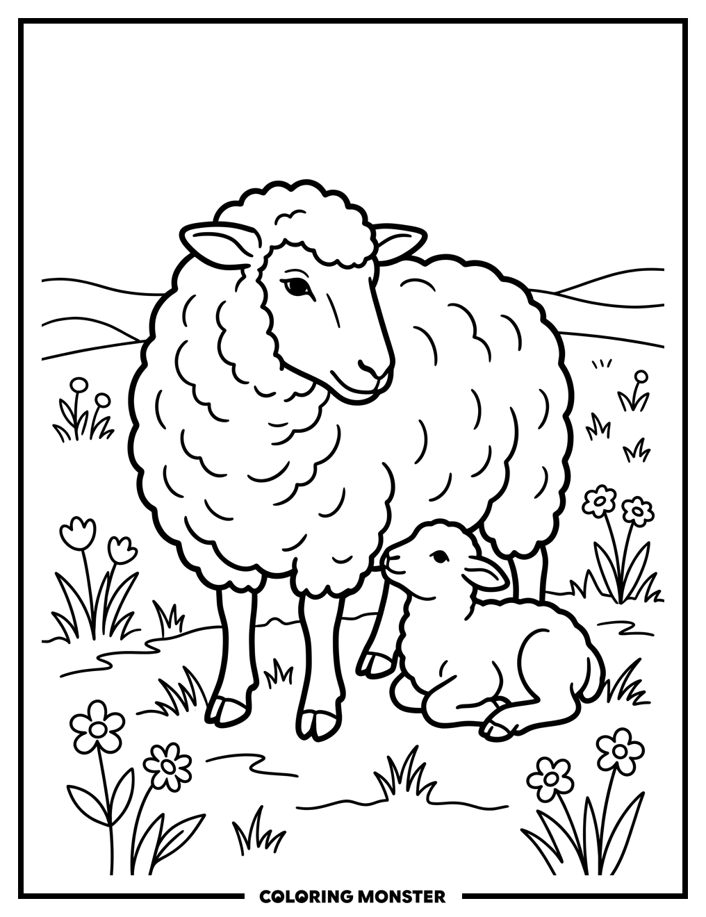 Mother Ewe and Lamb in Meadow Coloring Page