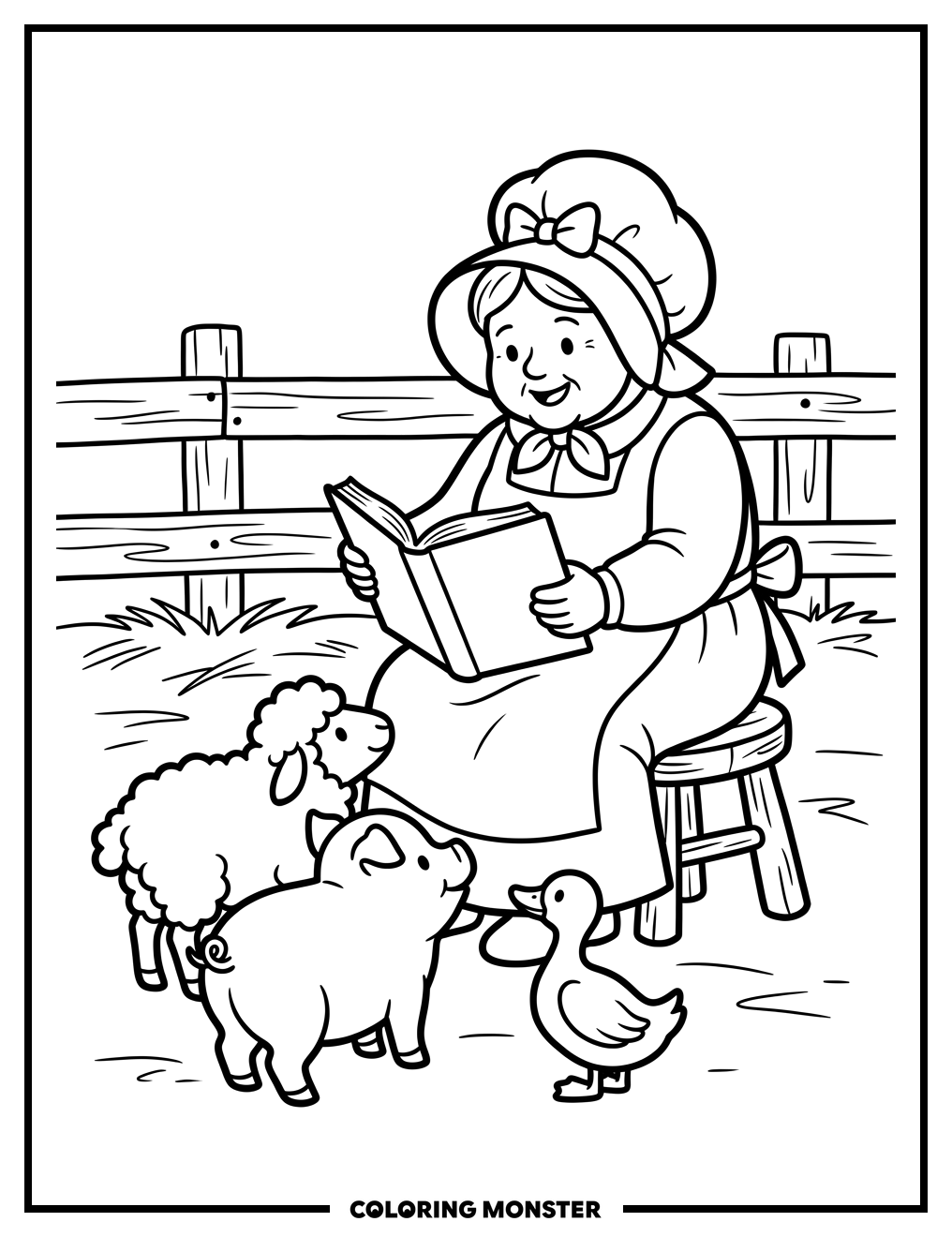 Mother Goose Reading to Farm Animals Coloring Page