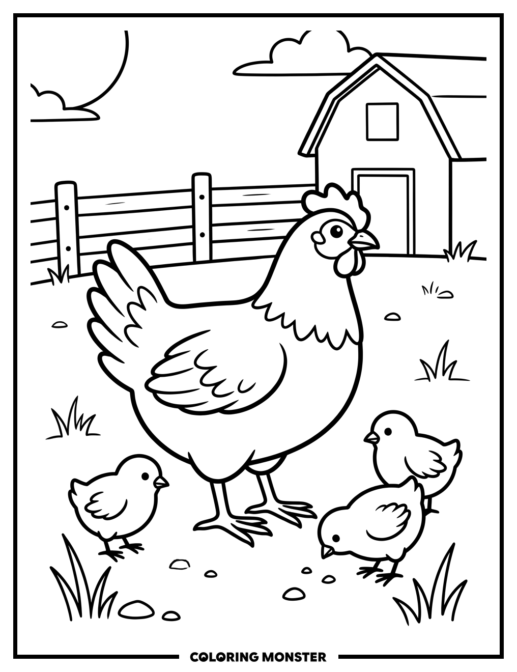 Mother Hen and Chicks on Farm Coloring Page