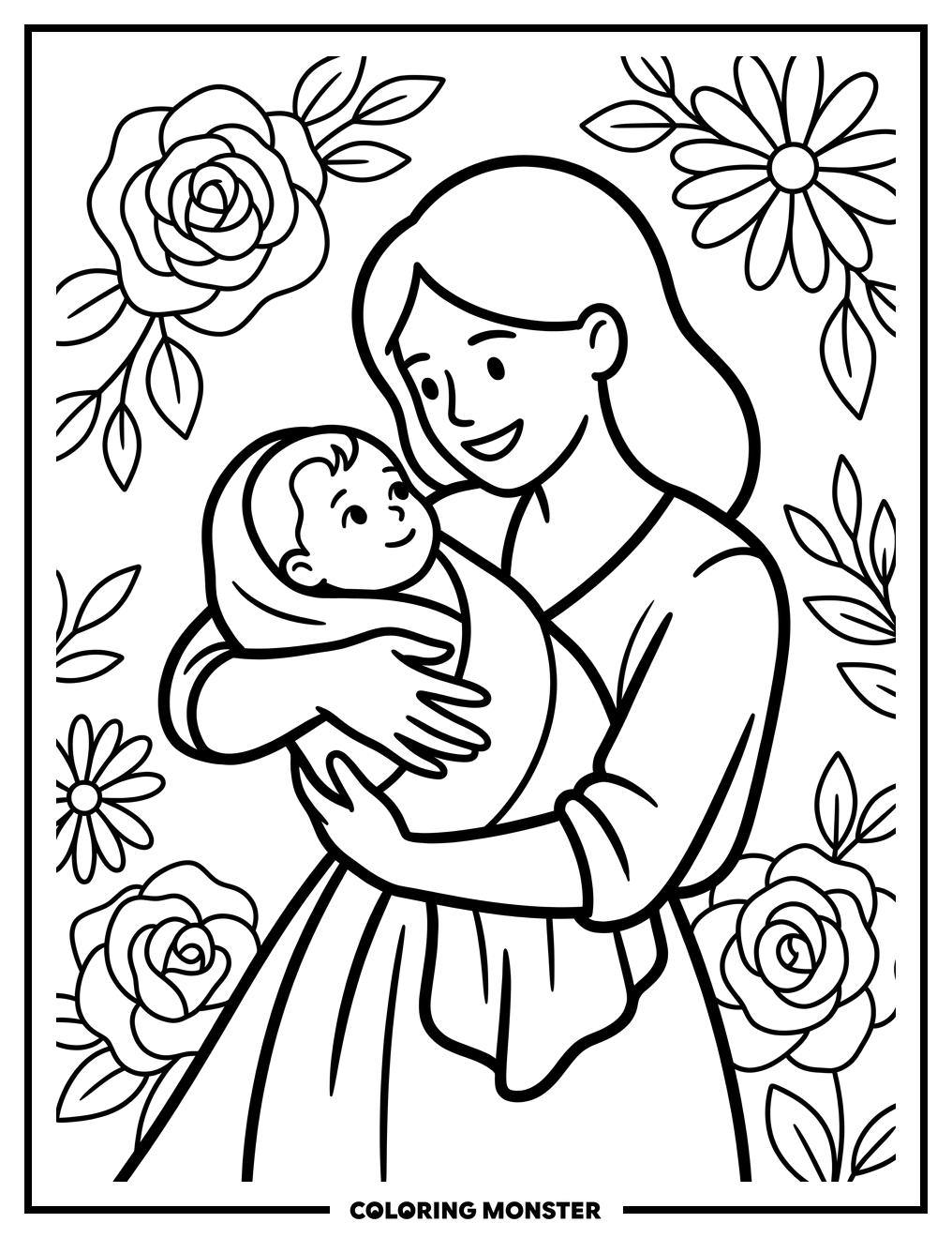 Mother Holding Baby Close Coloring Page