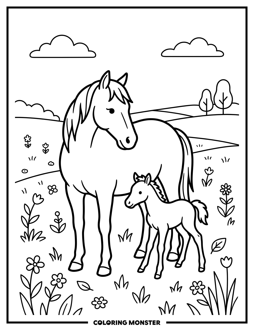 Mother Horse And Foal In Meadow Coloring Page