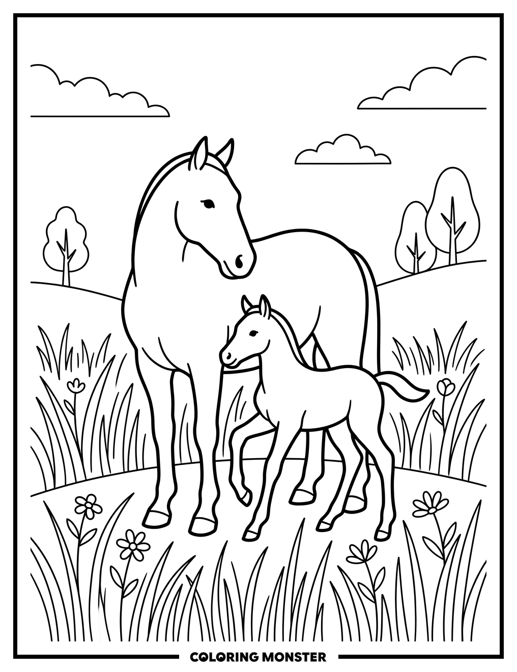 Mother Horse and Foal in Meadow Coloring Page