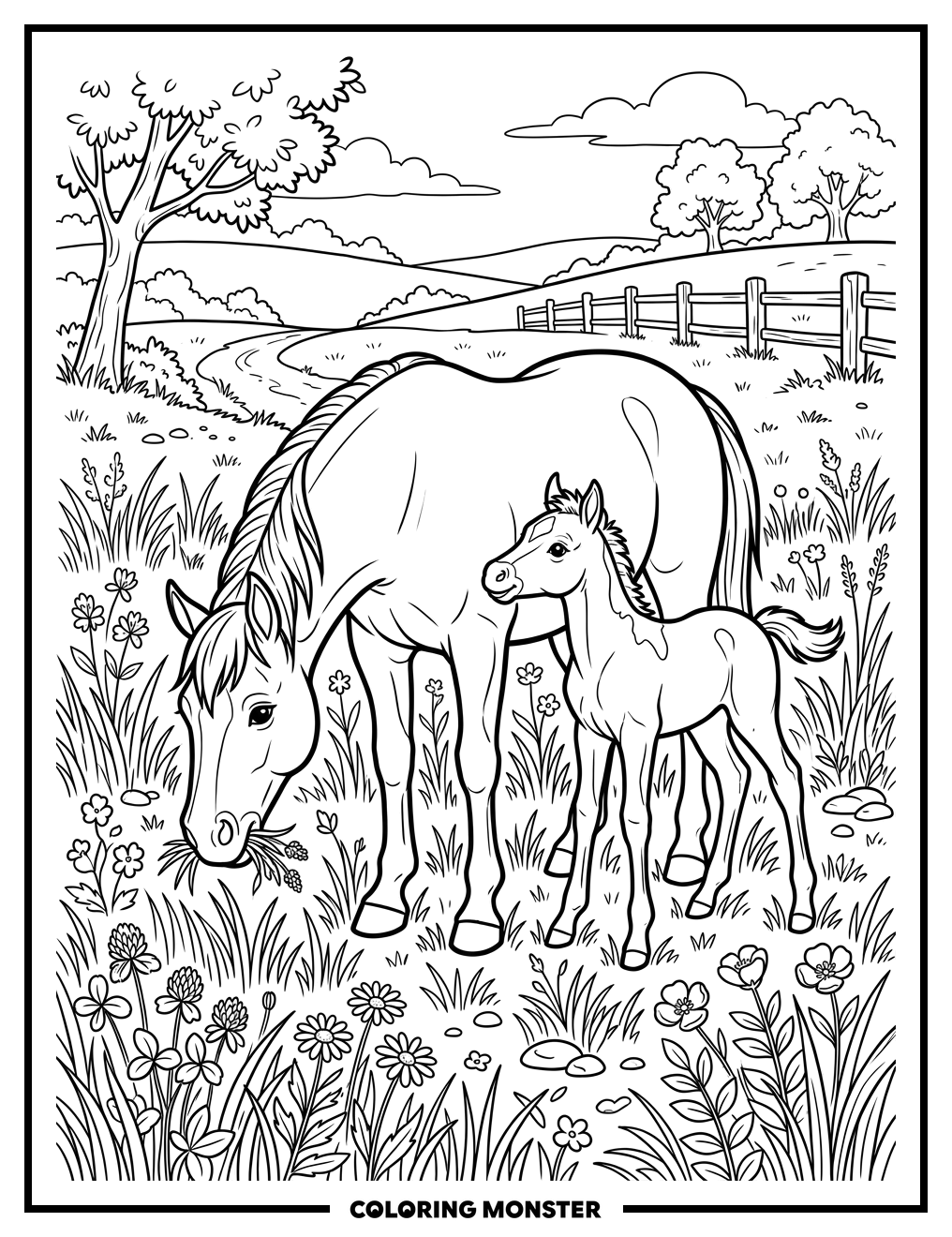 Mother Horse and Foal in Meadow Coloring Page