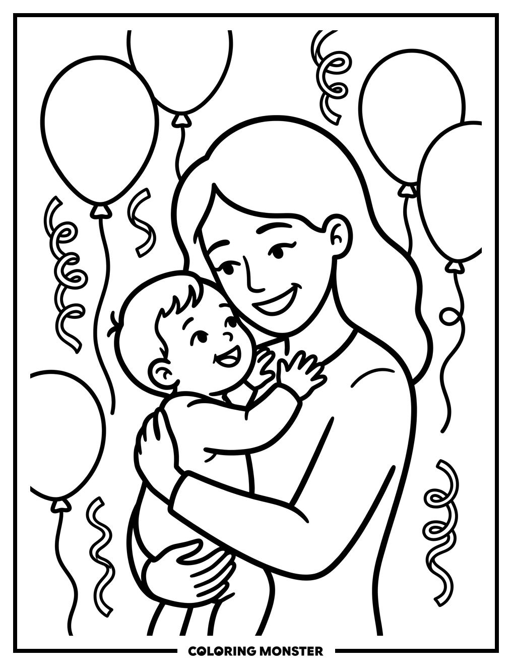 Mother Hugging Baby Surrounded by Birthday Decorations Coloring Page