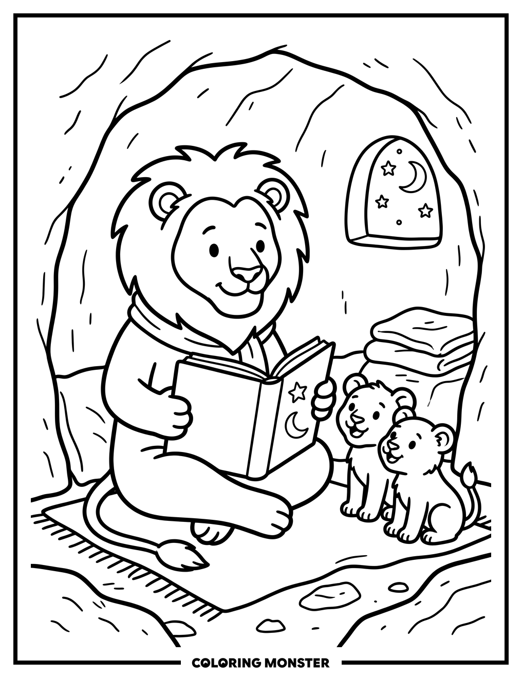 Mother Lion Reading to Cubs Coloring Page