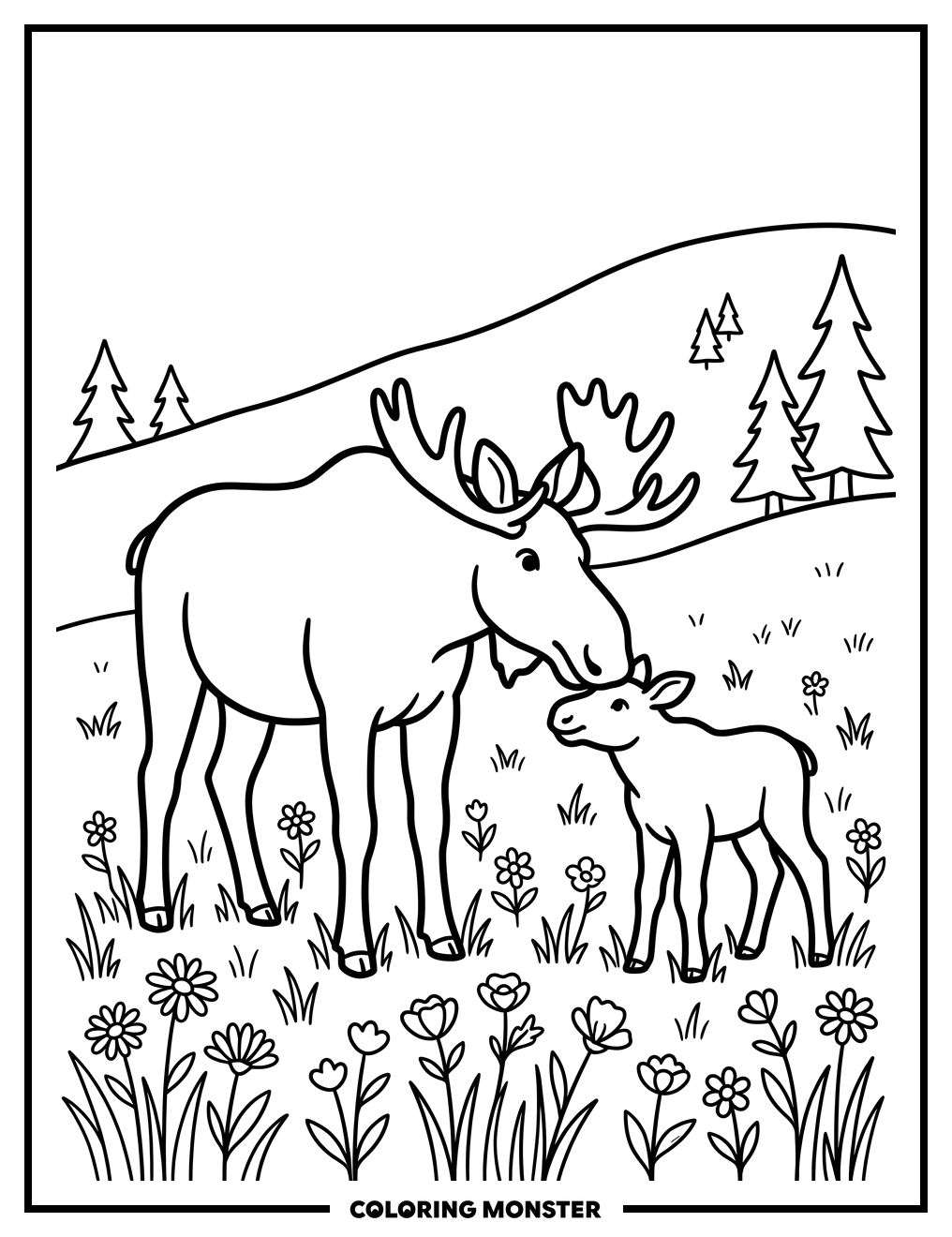Mother Moose and Calf in Meadow Coloring Page