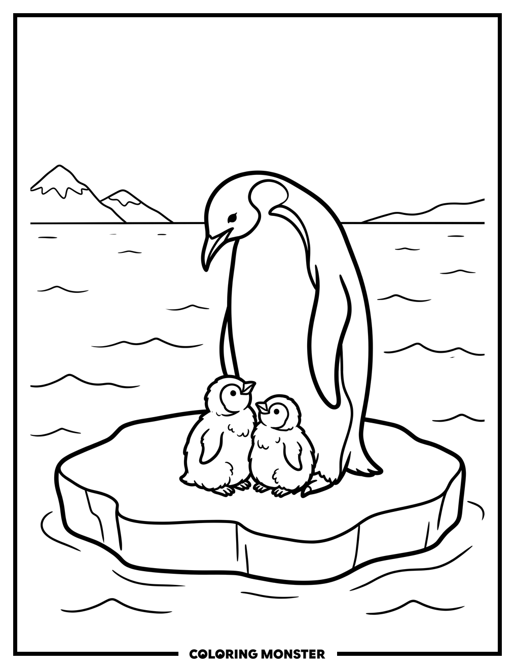 Mother Penguin and Chicks on Ice Floe Coloring Page