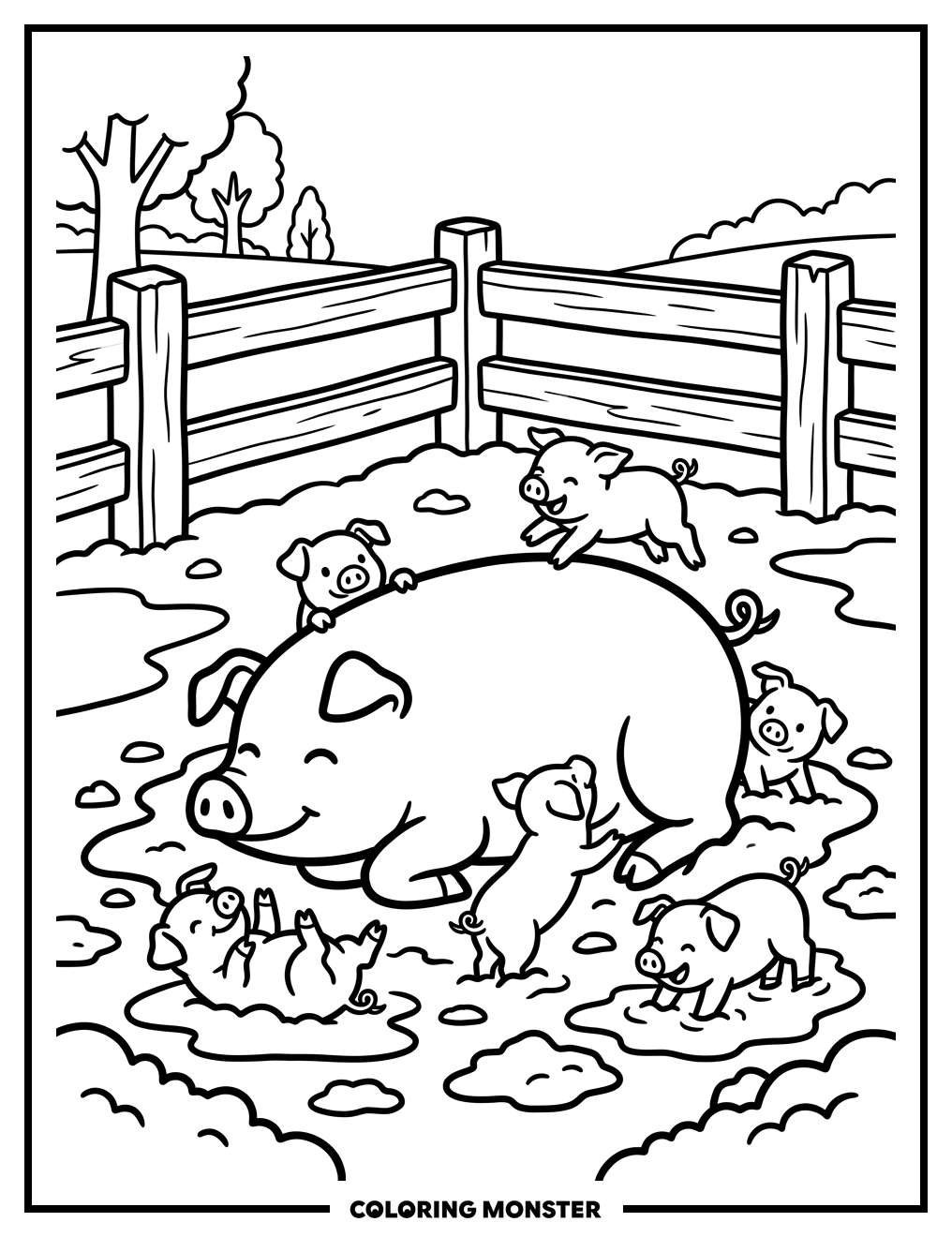 Mother Pig and Playful Piglets Coloring Page