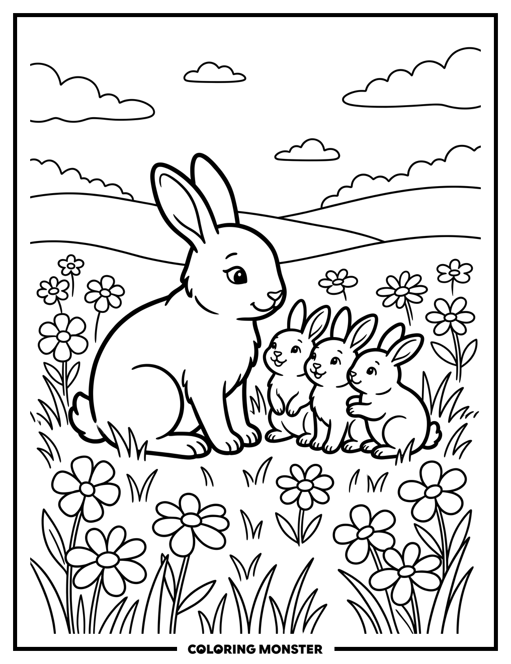 Mother Rabbit and Babies in Meadow Coloring Page