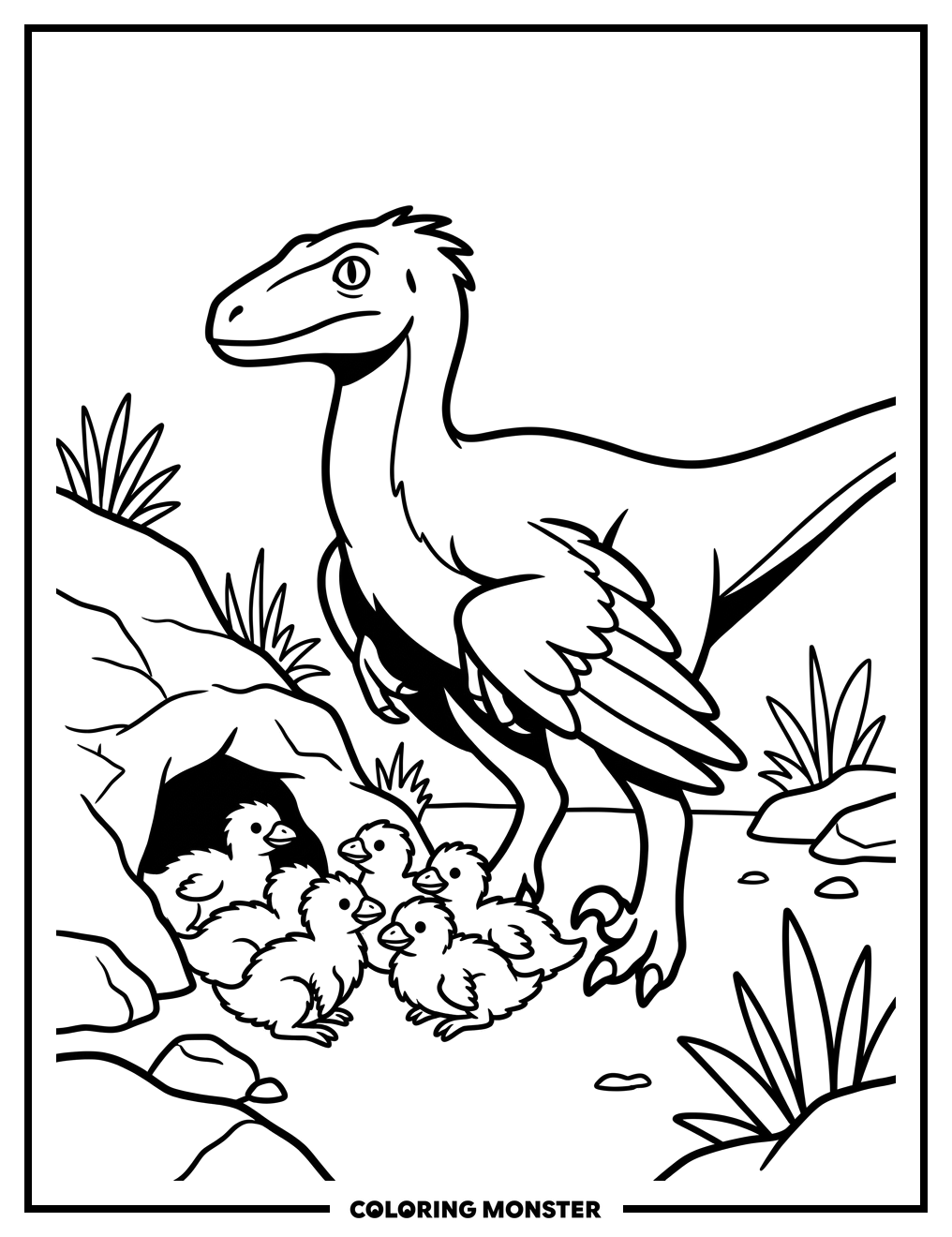 Mother Raptor and Hatchlings Coloring Page