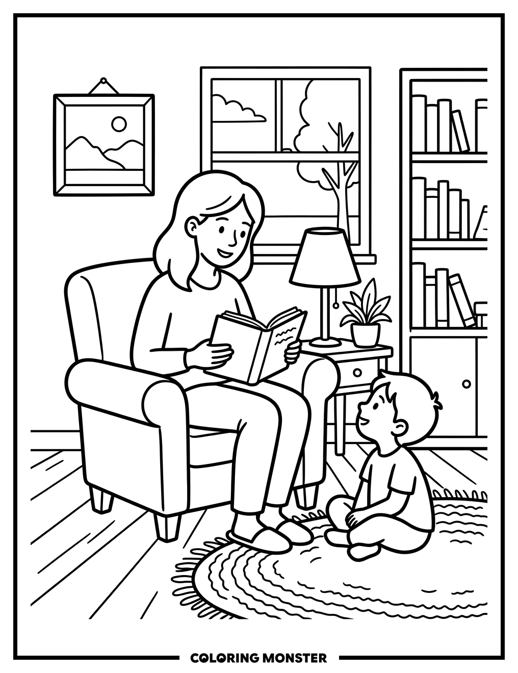Mother Reading to Child in Cozy Living Room Coloring Page