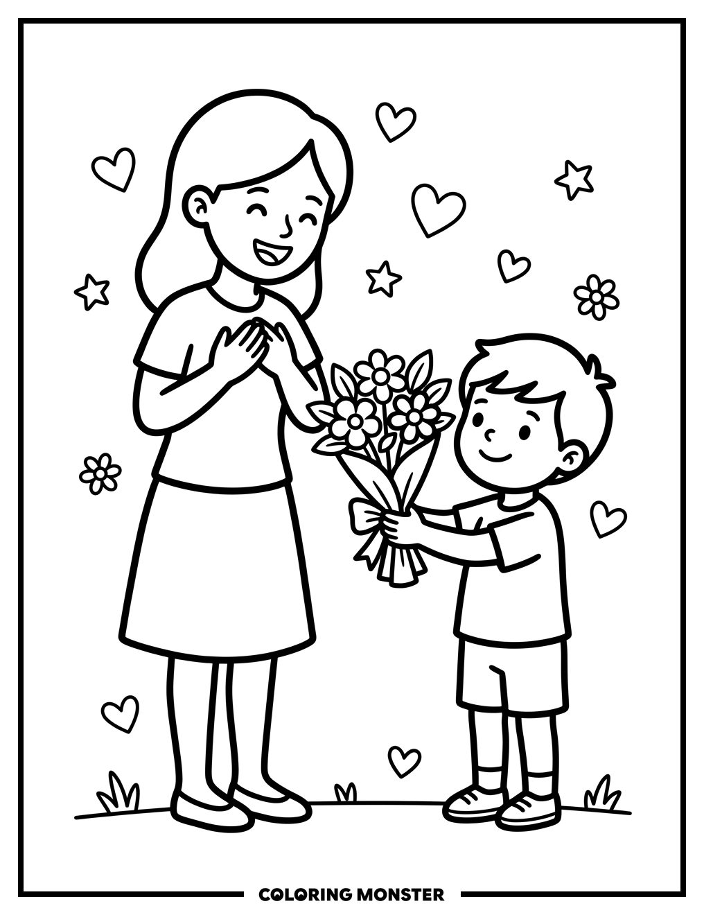 Mother Receiving Flowers From Child Coloring Page