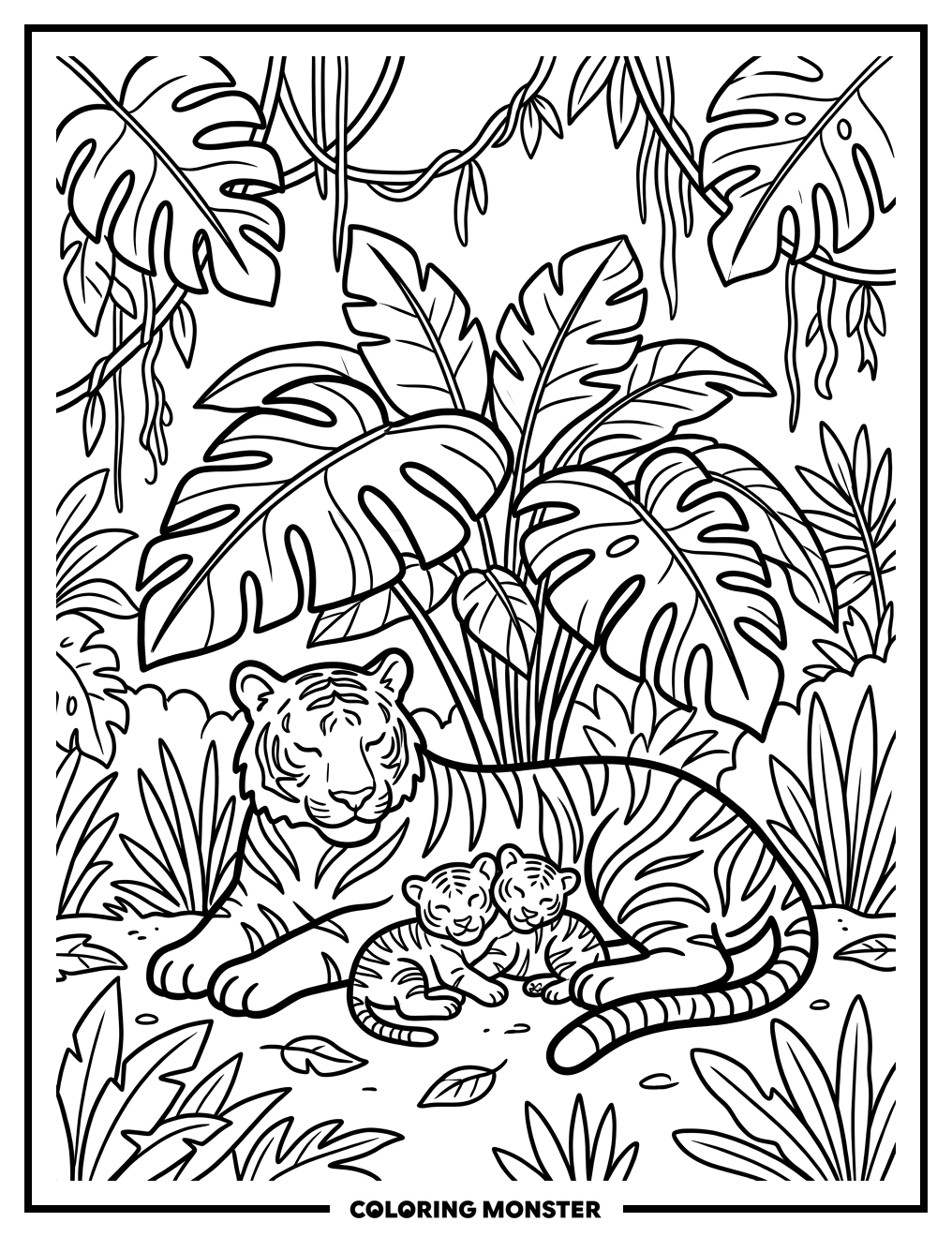 Mother Tiger With Cubs in Jungle Coloring Page