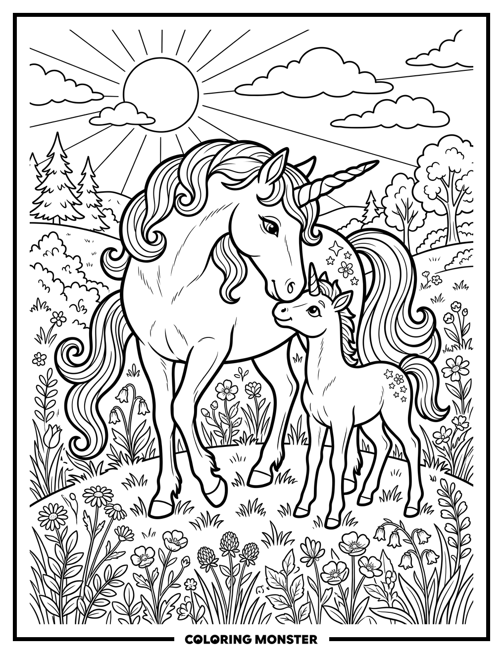 Mother Unicorn Nuzzling Her Foal Coloring Page