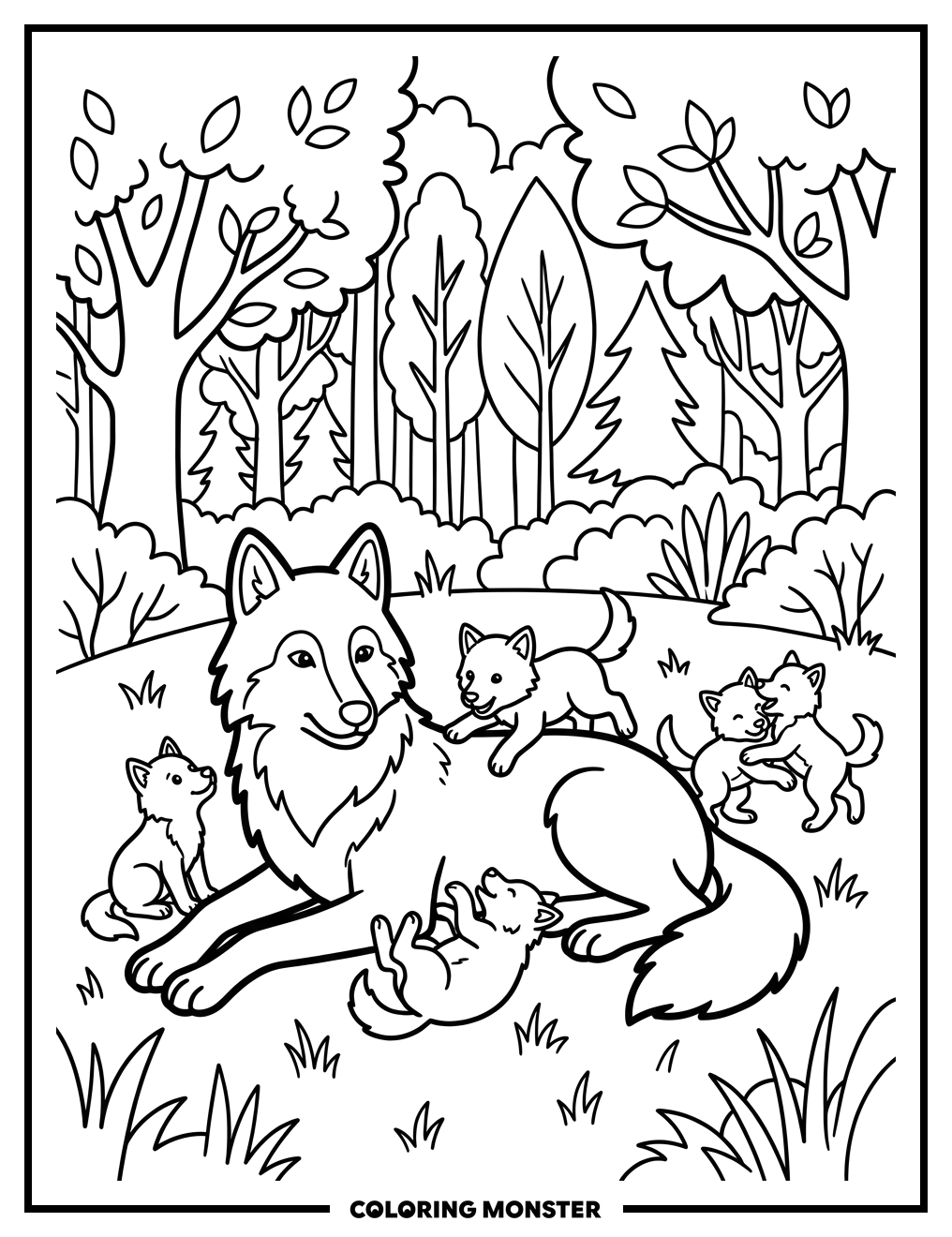Mother Wolf With Playful Cubs Coloring Page