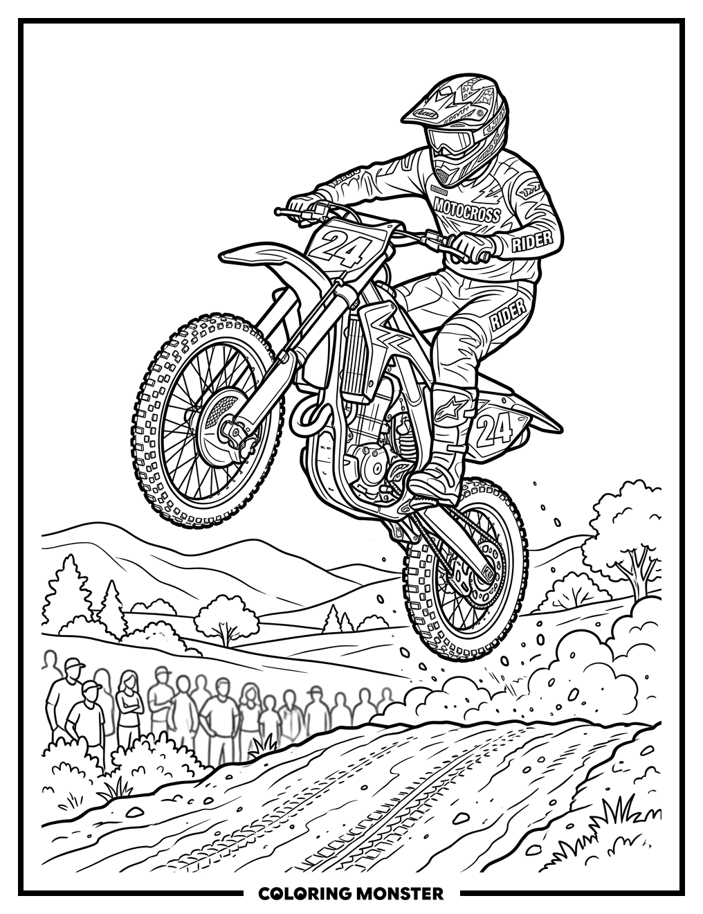 Motocross Rider Jumps Dirt Ramp Coloring Page