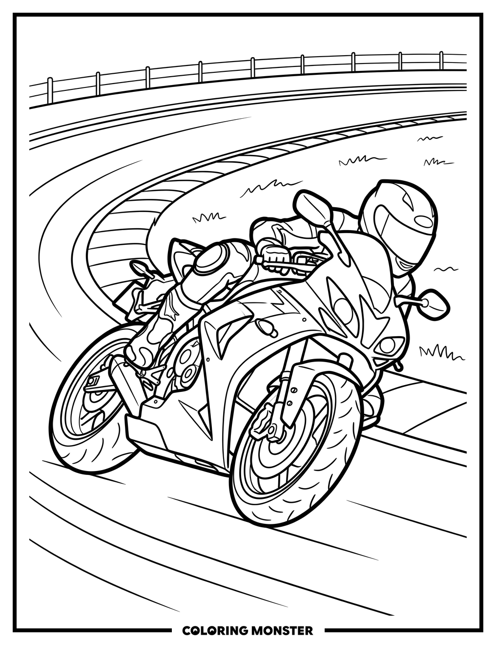 Motorcycle Leaning into Race Track Turn Coloring Page