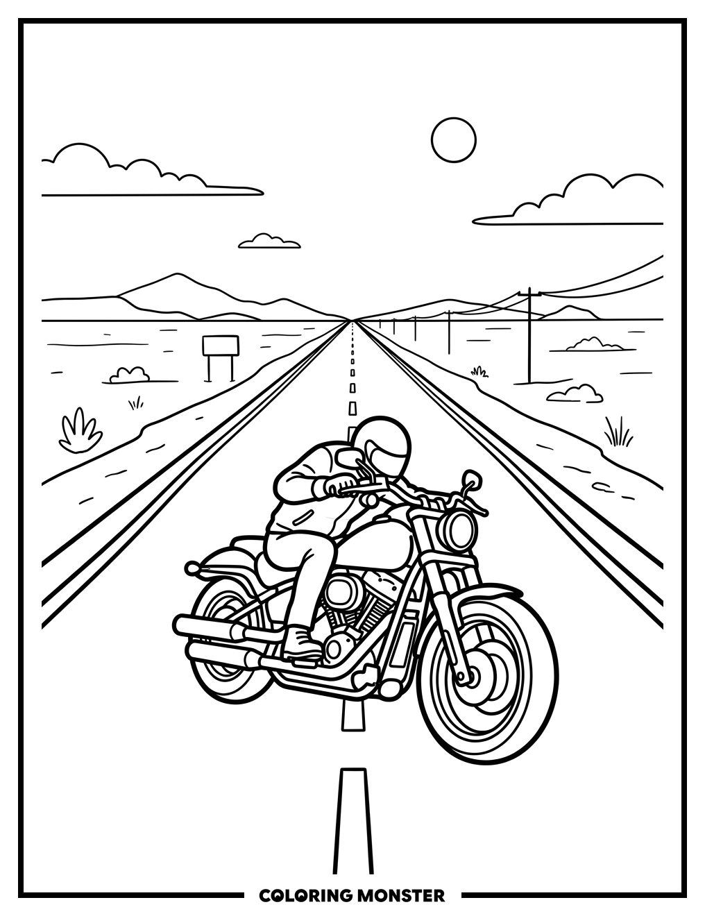 Motorcycle on Open Highway Coloring Page