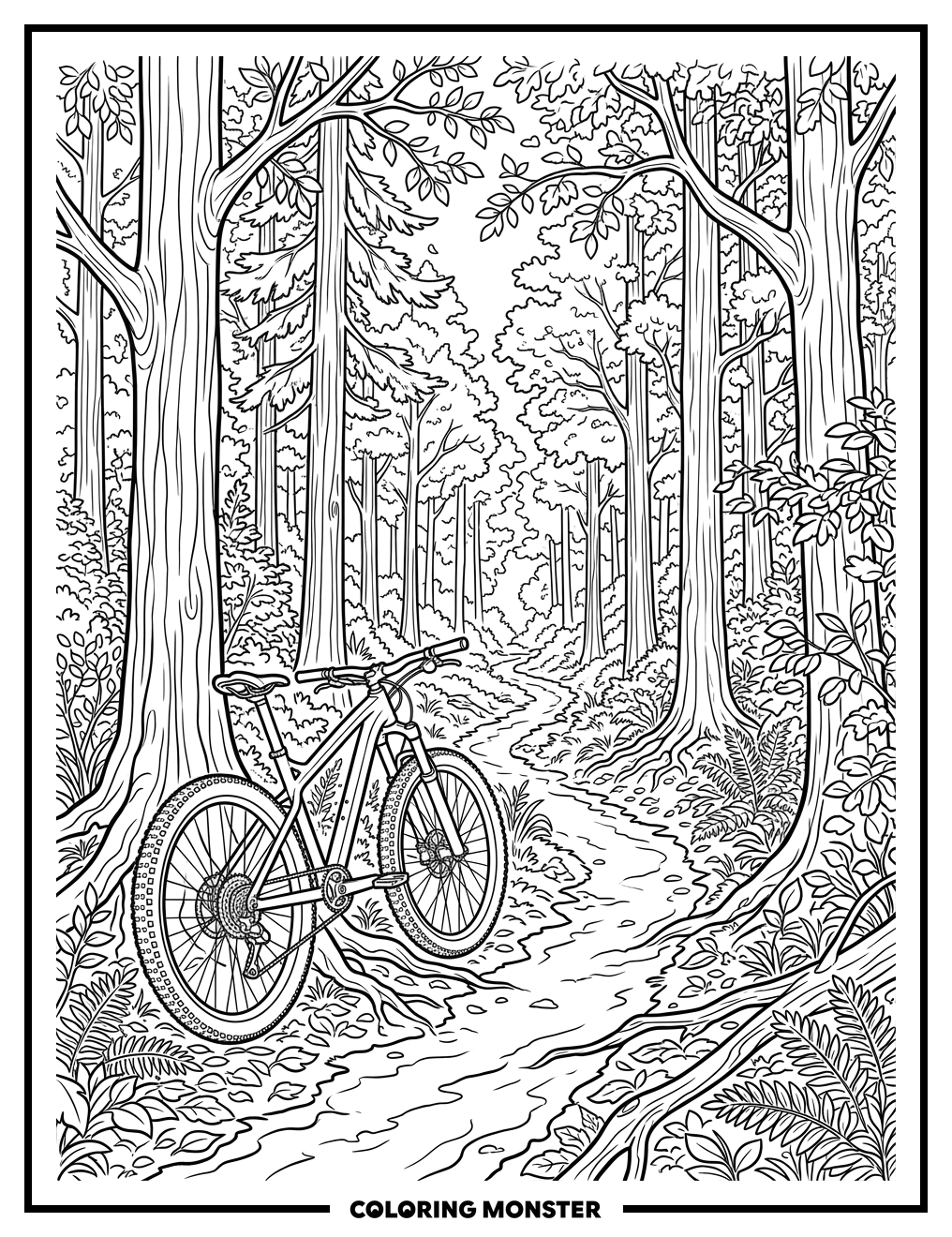 Mountain Bike Trail in Forest Coloring Page