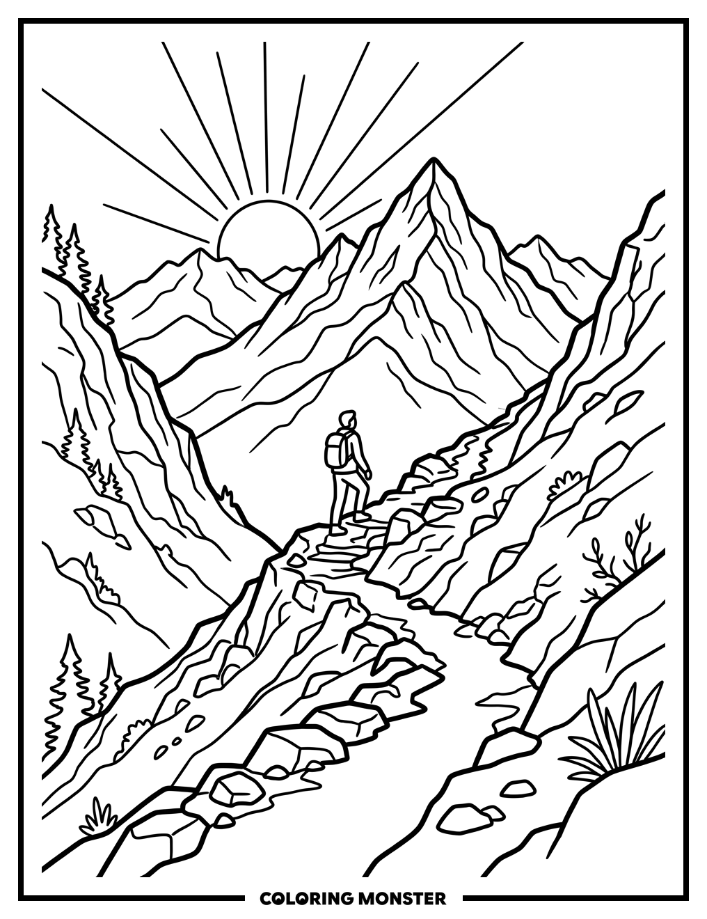 Mountain Climber at Sunrise Coloring Page