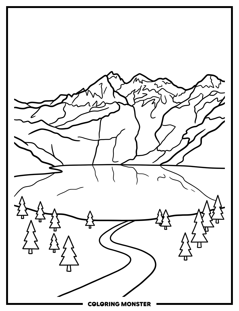 Mountain Lake and Pine Trees Coloring Page
