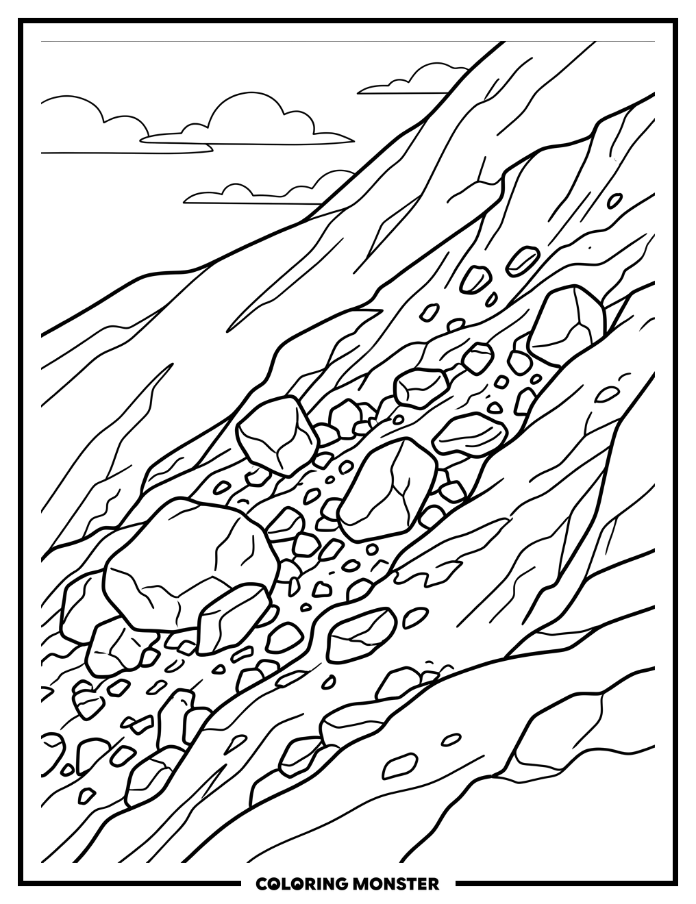 Mountain Landslide Scene Coloring Page