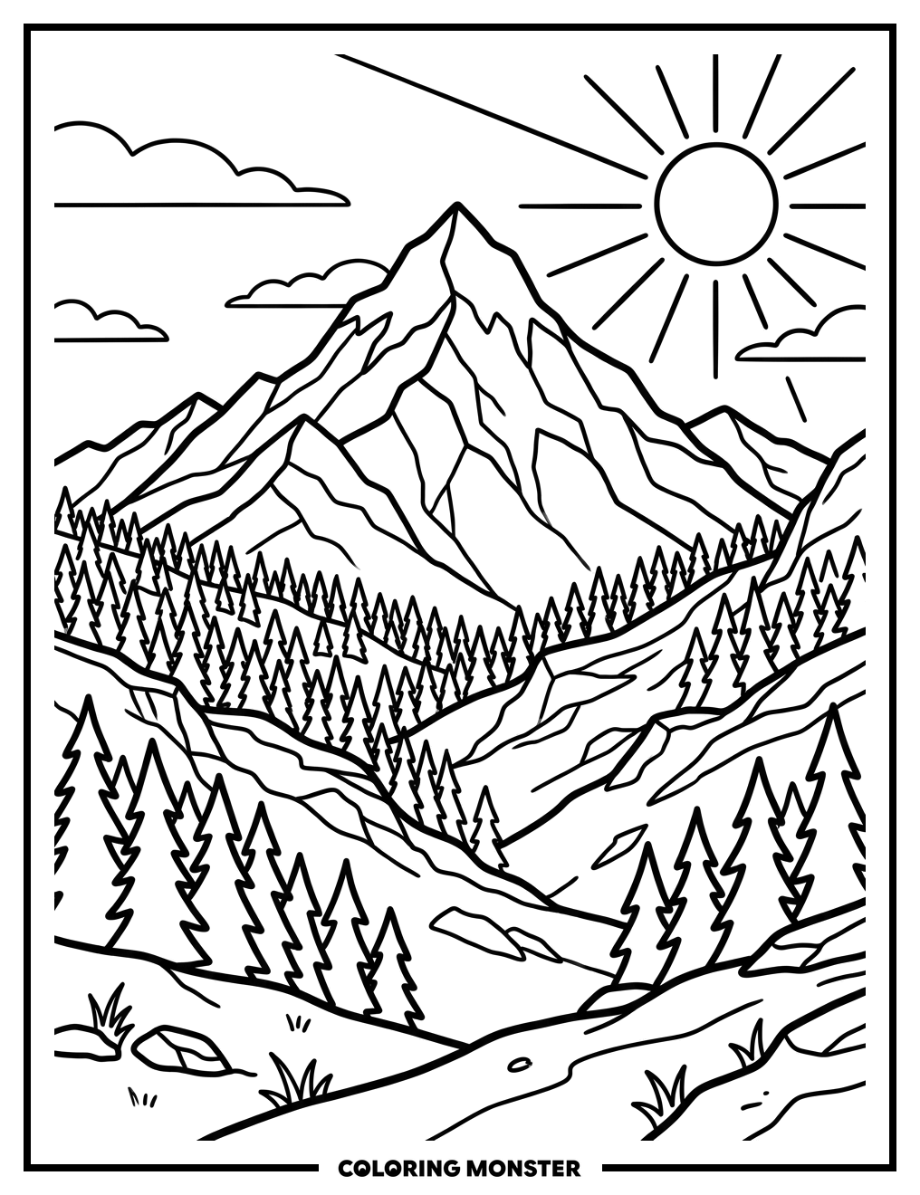 Mountain Peak Above Pine Forest Coloring Page