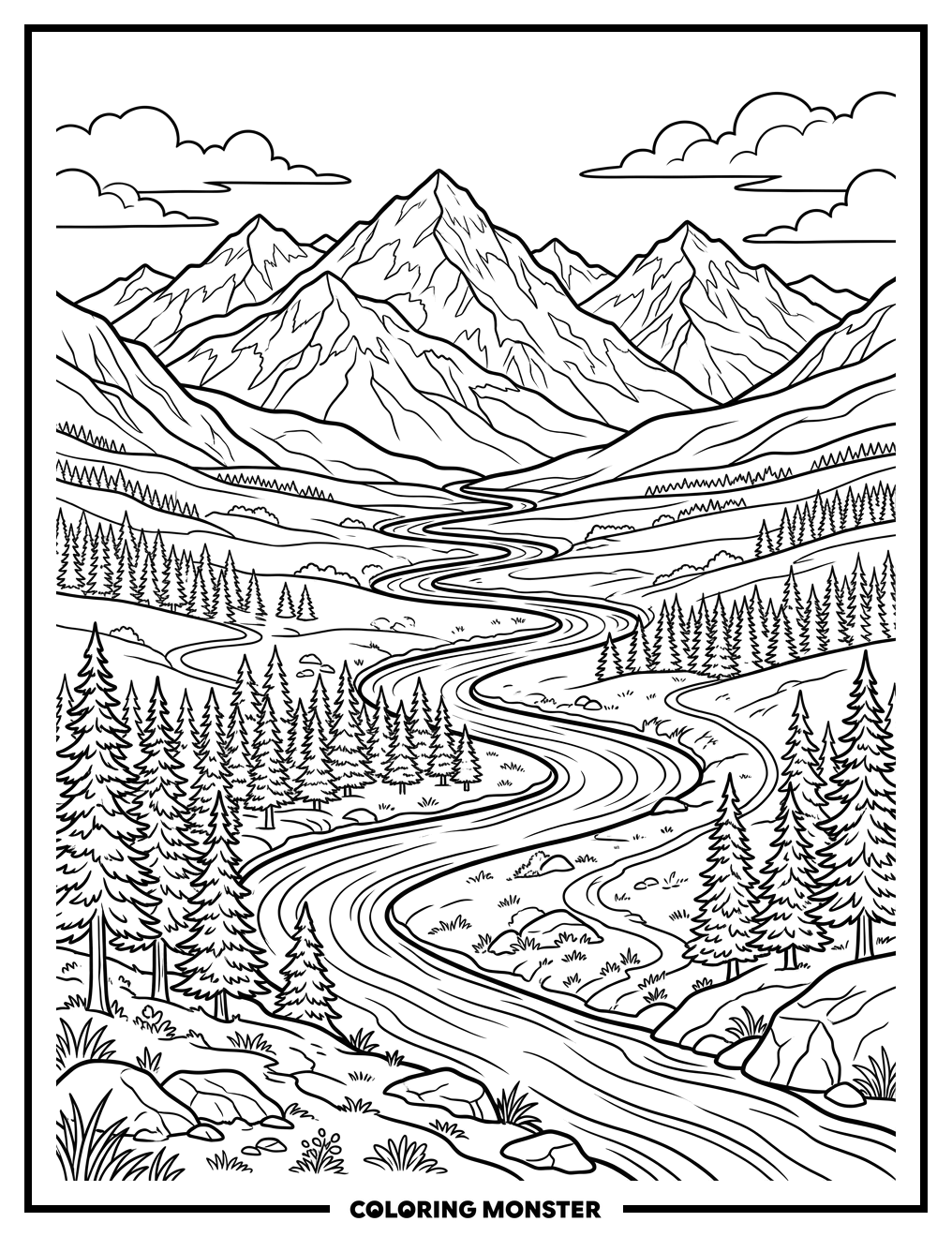 Mountain Valley River Scene Coloring Page