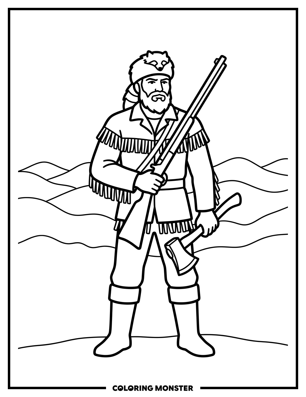 Mountaineer Mascot with Rifle and Axe Coloring Page