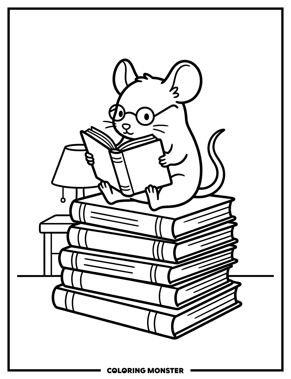 Mouse Reading on Books Coloring Page